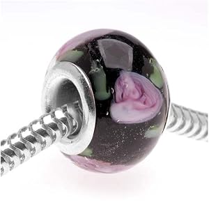 Murano-Style-Glass-Lampwork-Bead-Fits-Pandora-Black-With-Rose-14mm-1-