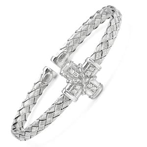 Italian Sterling Silver, Cubic Zirconia Flex Cuff Bracelet, 4.5mm Thick, 6