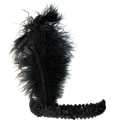 Halloween FXCostumes 1920's Carnival Party Event Stretch Sequin Headband with Single Feather - Black