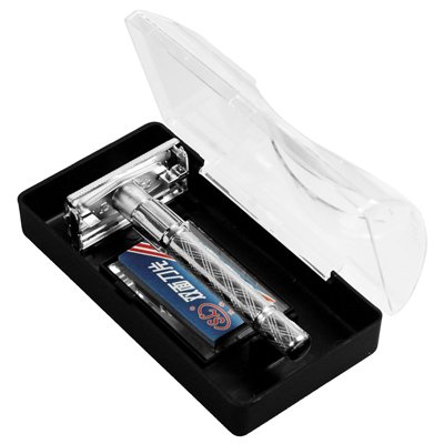 Chrome Plated Diamond Checks Traditional Butterfly TTO Double Edge Wet Shaving Safety Razor w/ Mirror Blade Case