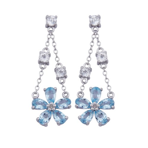 Sterling Silver Blue Topaz and White Topaz Flower Drop Earrings