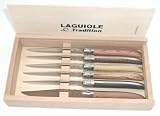 SCIP Boxed Laguiole Stainless Knives with Assorted Wood Handles, Rosewood/Juniper/Boxwood/Ebony/Olive/Amourette, Set of Six