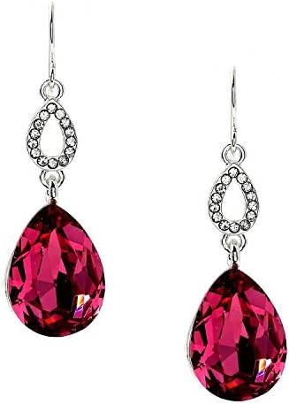 Greatmate Silver Rhinestone Small Crystal Hallow Teardrop Shape and Fuchsia Teardrop Shape Hook Dangle Earrings