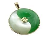 Green Jade and Mother Of Pearl Fortune Ying-Yang Pendant with Gold Trim, 14k Gold