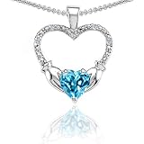 Candygem 14k Gold Holding Hands Claddagh Heart Blue Topaz & Diamond Pendant