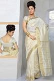 Cream Art Silk Saree Sari fabric India Golden Border