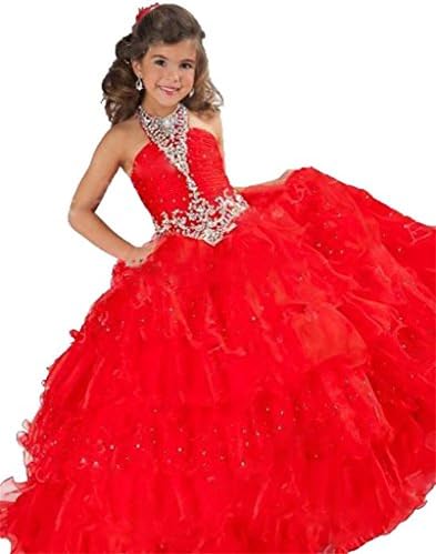 SuMeiyue Flower Girls' Halter Beads And Crystals Pageant Dress Rose Red 3-4 Years