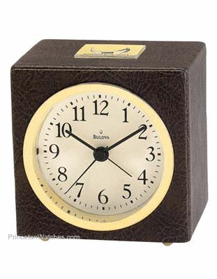 Bulova Lockport Alarm Clock - Faux Leather Case - Antique Gold-Tone Accents