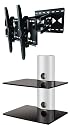 PACKAGE DEAL! Two SHELVES Wall Mount for AV Components-BLACK Glass  SILVER Tube + Universal TILT Bracket with SWIVEL Extension DOUBLE ARM  for ALL TV Brands 37 40 42 46 47 50 52 54 55 58 60 inch Flat Panel-HD  Ready Screen