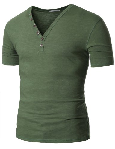 Doublju Mens Short Sleeve V-henley Neck T-Shirts with button detail (31KMT036)