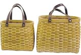 Rustic Hand-Crafted Oval Camping Picnic Baskets Or Beach Bag Tote With Leather Straps And A Rich Brown Finish Set Of 2 In 2 Sizes 12,9.5