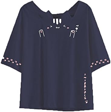 Kawaii Embroidery Cute Cat Short Sleeves Crop T-shirt Top (M, Dark blue)