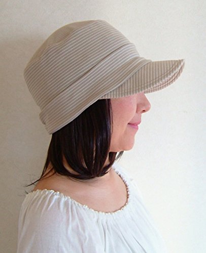 抗がん剤／医療用帽子【着脱式・髪付き帽子】カットソー・ボーダーキャスケット＆セミロングヘアセット