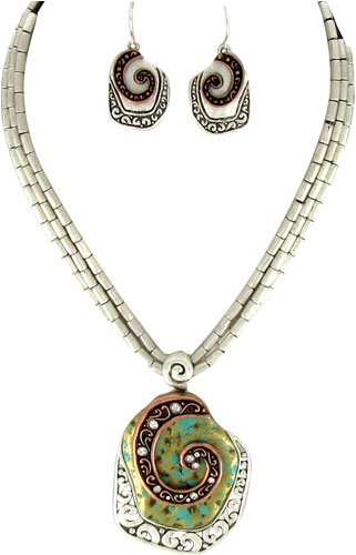 Three Tone Abstract Swirl Pendant Necklace & Earrings Set Fashion Jewelry