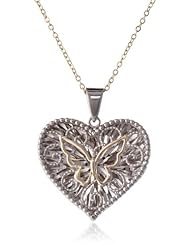 Bonded 10k Gold and Sterling Silver Butterfly Filigree Heart Pendant Necklace , 18"