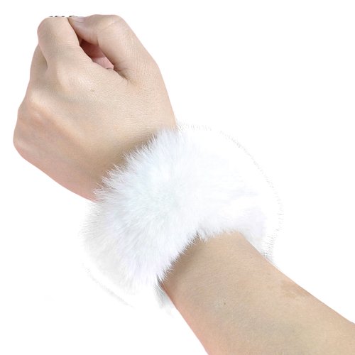 LOCOMO White Rabbit Fur Hair Soft Wrist Band Flexible Strap Ring Cuff FAF056