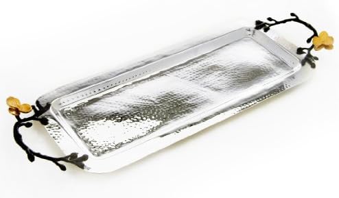 TWO TONE HAMMERED STAINLESS STEEL LONG TRAY WITH BRASS ORCHID DESIGN 23"L X 8"W