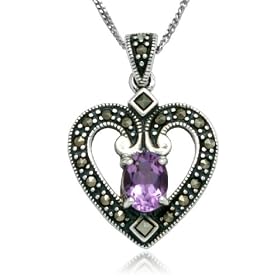 Sterling Silver Marcasite and Amethyst Heart Pendant, 18 by Amazon.com Collection