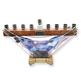 Stone & Colored Glass Hannukah Menorah Decorated with Pewter Plaques