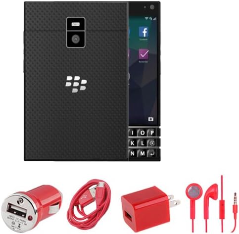 Blackberry Passport - USB Car And Home Charger Adapter + USB Data Cable + Stereo Headset (4pc Combo Bundle Kit) - Red
