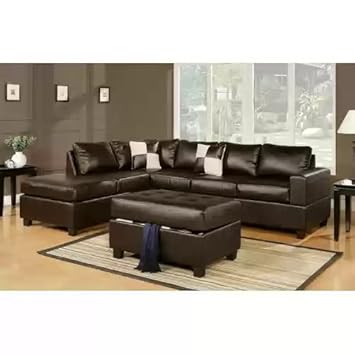 3pc Sectional Sofa with Reversible Chaise and Ottoman in Espresso Leather Match,Poundex,F7351