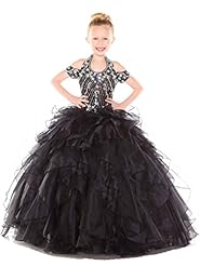 Girls Floor Length  Crystal Crystals Sequined Lace Halter Off the Shoulder Organza Pageant Dress  With Ruffles