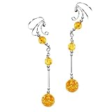 Sterling Silver Left And Right Long Dangle Yellow Sphere Amber Ear Cuff Wrap Set
