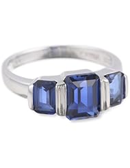 Sterling Silver Created Blue Sapphire 3-Stone Emerald Shaped Ring, Size 7