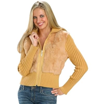Ladies Knitted Tan Jacket with Rabbit Fur