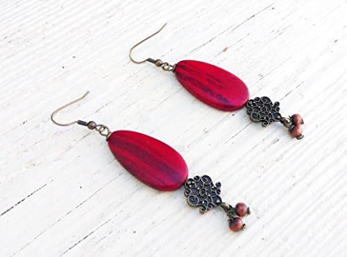 Long Dangle Drop Red Earrings Antiqued Jewelry Stocking Stuffer Gift For Her Best Christmas Present For Her