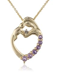 Goldtone Finish Silver, Diamond-Accent and Amethyst Child and Mother Heart Pendant Necklace, 18"