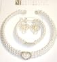 Three Strand Simulated White Pearl Choker Necklace Crystals Loaded on Silver Locket Matching Earrings on Clips and Bracelet for Women and Teens