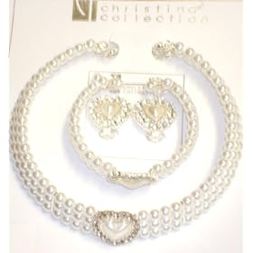 Three Strand Simulated White Pearl Choker Necklace Crystals Loaded on Gold Locket Matching Earrings...