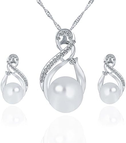 New Jewelry Set Necklace Earrings with Pearl Accents Rhinestone Chain 40cm Extender 5cm (White)