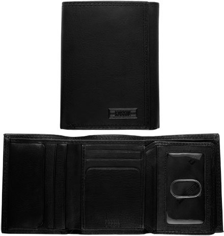 Fossil Mens Leather Trifold Wallet - Chicago Extra Capacity Trifold (Color: Black)
