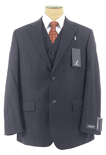 Nautica Mens Single Breasted 2 Button Navy Blue 3 Piece Wool Suit - Size 40S