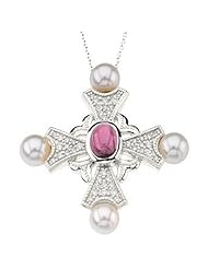 14K White Gold Pink Tourmaline, Pearl and Diamond Cross Pendant -- LIFETIME WARRANTY