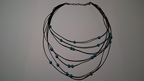 Black leather and turquoise colored magnasite bead necklace