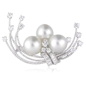 Diamond and South Sea Pearl 18k White Gold Brooch Pin by