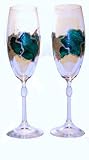 ArtisanStreet's Emerald Anniversary Set 2 Champagne Glasses. Features Bohemia Crystal Glasses Hand Painted in Gold & Emerald Green. One of a Kind, Signed by Artisan.