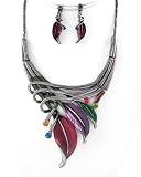 Silvertone Dark Leaf Statement Necklace and Earrings Set Fashion Jewelry