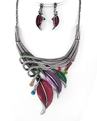 Silvertone Dark Leaf Statement Necklace and Earrings Set Fashion Jewelry