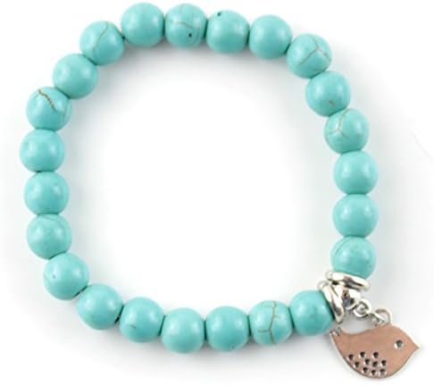 Natural Stone Bead Charm Bracelet, Turquoise with Silver Charm (Fish)