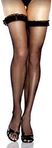 Women's Sheer Thigh High Stocking With Ruffle Trim 2012ST (BLACK,O/S)