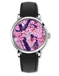 SPRAWL Aanalog Fashion Series Silver Ladies Watches of Genuine Black Leather Strap,Unique Wrist Watch for Women Girls Designed with Peach Tree