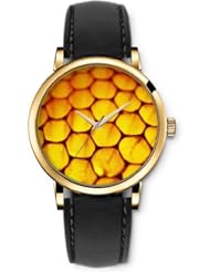 SPRAWL Aanalog Fashion Series Gold Ladies Watches of Genuine Black Leather Strap,Unique Wrist Watch for Women Girls Designed with Honeycomb