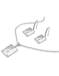 Sterling Silver CZ Fine Rectangular Fancy Etched Earring & Necklace Set