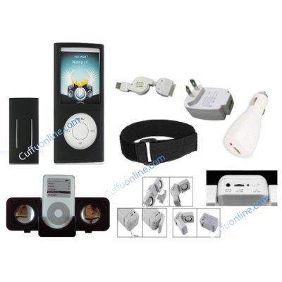 iPod Nano 4 (4th Generation) Great Deal Combo Package Black Skin Case Cover & Home Charger , Car Charger, Data Cable & Armband & Black Ipod Speaker (6 in 1)