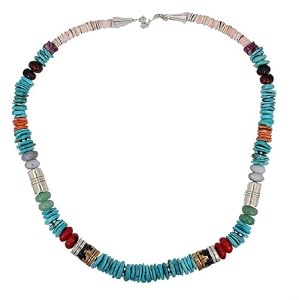 Southwestern Blue Turquoise Gemstone Bead, Sterling Silver and Gold 20" Necklace by Native American Artist Tommy Singer, #7680