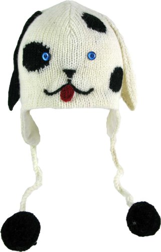 DeLux Puppy Face White Wool Pilot Animal Cap/Hat with Ear Flaps and Poms